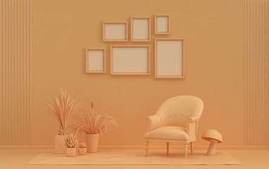 Wall mockup with six frames in solid flat  pastel orange pinkish color, monochrome interior modern living room with furnitures and plants, 3d rendering