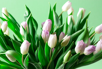 Large bouquet of pink tulips on light green background, horizontal orientation