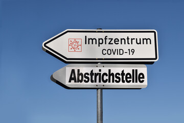 Fototapeta premium Traffic signs or arrows to vaccination against disease of virus covid-19 or coronavirus. Information or text in german language 