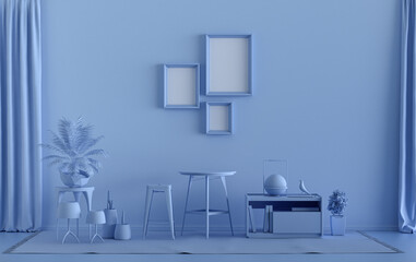 Gallery wall with three frames, in monochrome flat single light blue color room with furnitures and plants,  3d Rendering