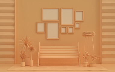 Modern interior flat orange pinkish color room with furnitures and plants, gallery wall template with eight frames on the wall for poster presentation, 3d Rendering