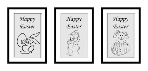 Three different design minimalist poster for happy easter in black frame with eggs, typography - vector