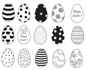Happy easter eggs designs isolated on white, Simple vector outline sketch illustrations. Striped, polka dot, hearts, rabbit floral decorations. Spring tradition of coloring eggs. Silhouette line art