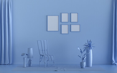 Flat color interior room for poster showcase with 5 frames  on the wall, monochrome light blue color gallery wall with furnitures and plants. 3D rendering