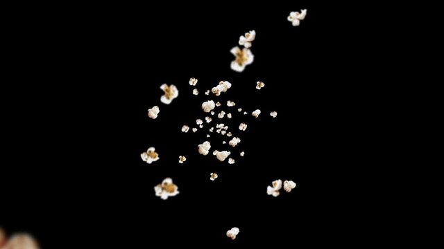 Flying many popcorns on black background. White salty popcorn. Healthy food. Corn seed. 3D loop animation of popcorn rotating.
