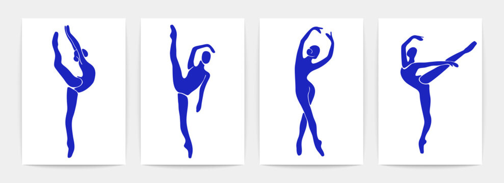 Ballet dancers contemporary posters. Beautiful women shapes. Silhouettes of ballerinas in blue colors, vector art