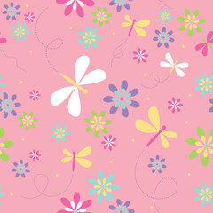 Spring and Summer dragonflies and flowers. Fun and colorful (pink background) - Seamless pattern