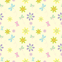 Spring and Summer dragonflies and flowers. Fun and colorful (yellow background) - Seamless pattern
