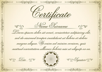 A4 size certificate of appreciation vector illustration with stamp. Vintage certificate page with retro style swirl frame.