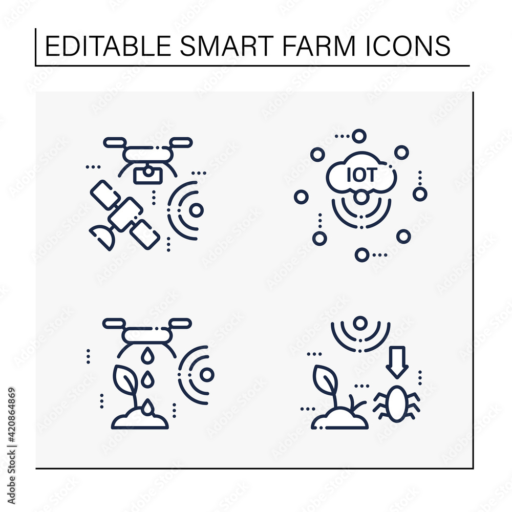 Poster smart farm line icons set. consist of iot sensors, irrigating land, pests and weeds elimination.agri