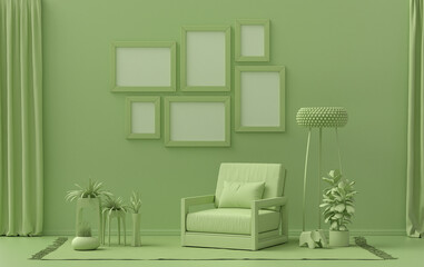 Wall mockup with six frames in solid flat  pastel light green color, monochrome interior modern living room with furnitures and plants, 3d rendering