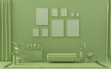 Modern interior flat light green color room with furnitures and plants, gallery wall template with 9 frames on the wall for poster presentation, 3d Rendering