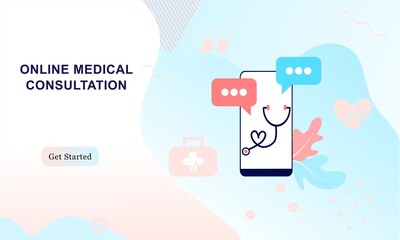 Landing page of medical website. Online medical services, online help, online medical consultation support. Doctor, physician, therapist for medical web icons, UI, mobile application, posters, banners