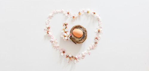 Spring daisy flowers formed heart with easter egg and daisy flower in middle. Symbolic new beginnings and newborn concept