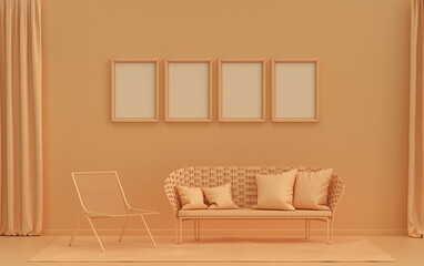 Single color monochrome orange pinkish color interior room with single chair, without plant,  4 poster frames on the wall, 3D rendering