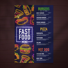 Fast food menu design and food neon sing vector illustration. Cafe menu template neon style. Fast food neon icon