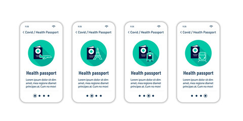Health passport onboarding mobile app screens.Information about health status. Covid passport collections.Vaccination card steps menu. Set of UI, UX, web template with RGB color linear icons