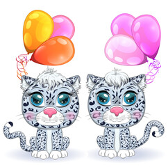 Cartoon snow leopard with expressive eyes. Wild animals, character, childish cute style.