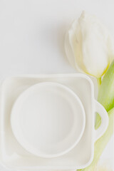 two white containers, round and square, with one white tulips on a light background