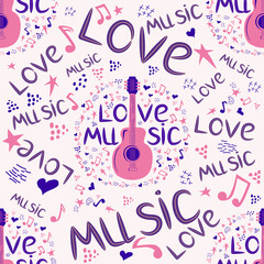 Love music seamless pattern with country guitar, music notes, treble clef, hearts, decorative elements.