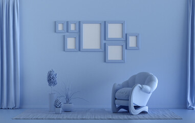 Minimalist living room interior in flat single pastel light blue color with seven frames on the wall and furnitures and plants, in the room, 3d Rendering