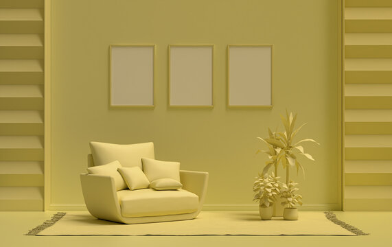 Gallery wall with three frames, in monochrome flat single light yellow color room with single chair and plants,  3d Rendering