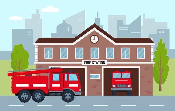 Fire station building with fire engines in city.