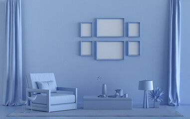 Poster frame background room in flat light blue color with 6 frames on the wall, solid monochrome background for gallery wall mockup, 3d rendering