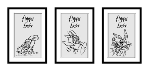 Three different design minimalist poster for happy easter in black frame with eggs,nest, typography - vector