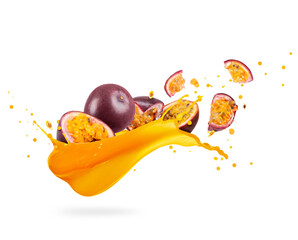 Sliced ripe passion fruits with splashes of fresh juice on a white background