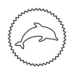 Flat round icon with silhouette of playing dolphin. Summer resort and entertainment symbol. Vector isolated outline illustration