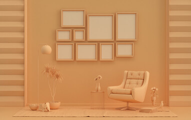 Modern interior flat orange pinkish color room with furnitures and plants, gallery wall template with 9 frames on the wall for poster presentation, 3d Rendering