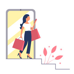 A beautiful girl goes shopping and talks on the phone. In the hands of the packages. Vector isolated flat illustration