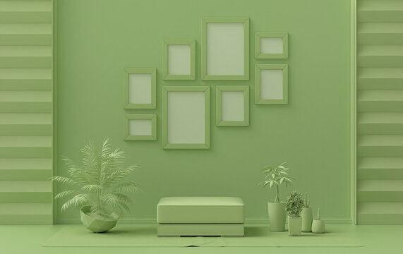 Minimalist living room interior in flat single pastel light green color with 8 frames on the wall and furnitures and plants, in the room, 3d Rendering