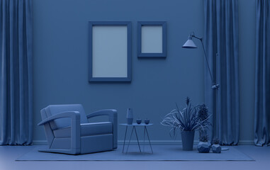 Double Frames Gallery Wall in dark blue monochrome flat color room with furnitures and plants, 3d Rendering