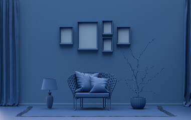 Flat color interior room for poster showcase with 5 frames  on the wall, monochrome dark blue color gallery wall with furnitures and plants. 3D rendering