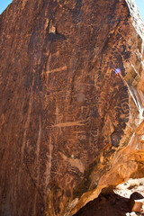 USA, Utah, Bluff. Bears Ears, Horizontal Anasazi Petroglyphs on Fallen Rock.
