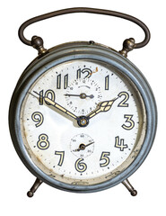 Old mechanical alarm clock, isolated on white