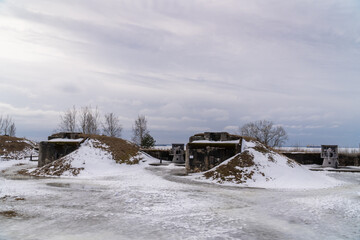 Russia. March 14, 2021. Demidov battery of cannons of Kane in the Patriot Park in Kronstadt.