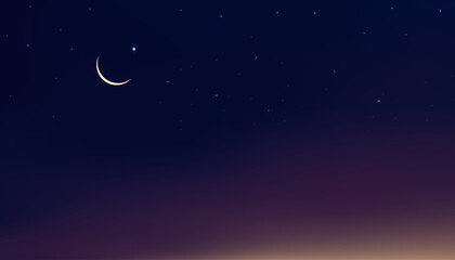 Obraz na płótnie Canvas Night Sky with Crescent Moon and Stars Shining, Landscape Dramatic Dark Blue, Purple and OrangeSky, Beautiful Panoramic view of Dusk Sky and Twilight, Vector illustration Natural background
