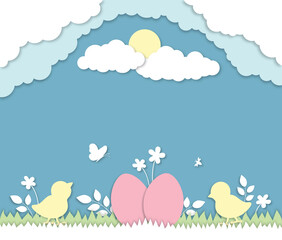 Obraz na płótnie Canvas Easter egg hunt 3d paper cut illustration. Chicks, easter eggs, flowers, butterfly vectors, spring holidays design