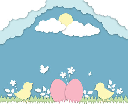 Easter egg hunt 3d paper cut illustration. Chicks, easter eggs, flowers, butterfly vectors, spring holidays design
