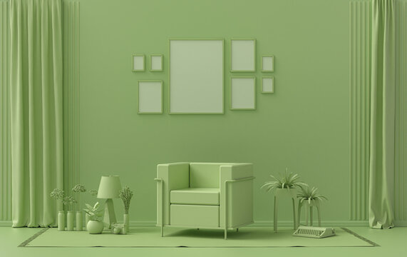 Minimalist living room interior in flat single pastel light green color with 8 frames on the wall and furnitures and plants, in the room, 3d Rendering