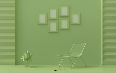 Poster frame background room in flat light green color with 6 frames on the wall, solid monochrome background for gallery wall mockup, 3d rendering