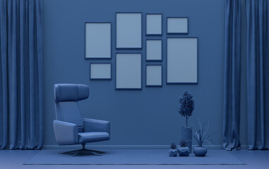 Modern interior flat dark blue color room with single chair and plants, gallery wall template with 9 frames on the wall for poster presentation, 3d Rendering