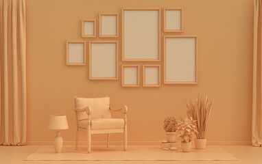 Fototapeta premium Modern interior flat orange pinkish color room with furnitures and plants, gallery wall template with 9 frames on the wall for poster presentation, 3d Rendering