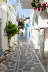 Narrow street of the old town with, Parikia, Paros Island, Greece.