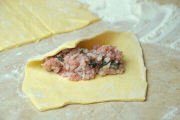 cooking pies, minced meat with rice on rolled dough