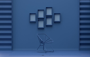 Poster frame background room in flat dark blue color with 6 frames on the wall, solid monochrome background for gallery wall mockup, 3d rendering