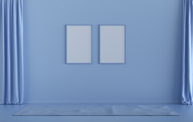 Double Frames Gallery Wall in light blue monochrome flat room without furniture and empty, 3d Rendering